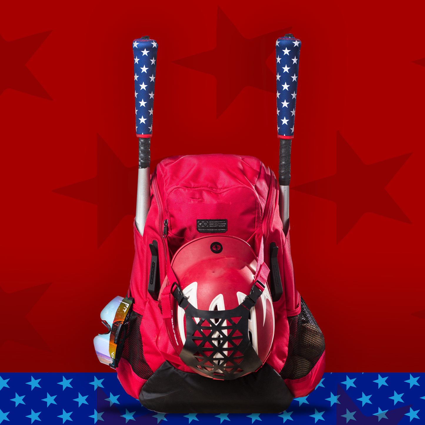 All Stars Ready Bat handle cover on a bat clipped to a baseball backpack