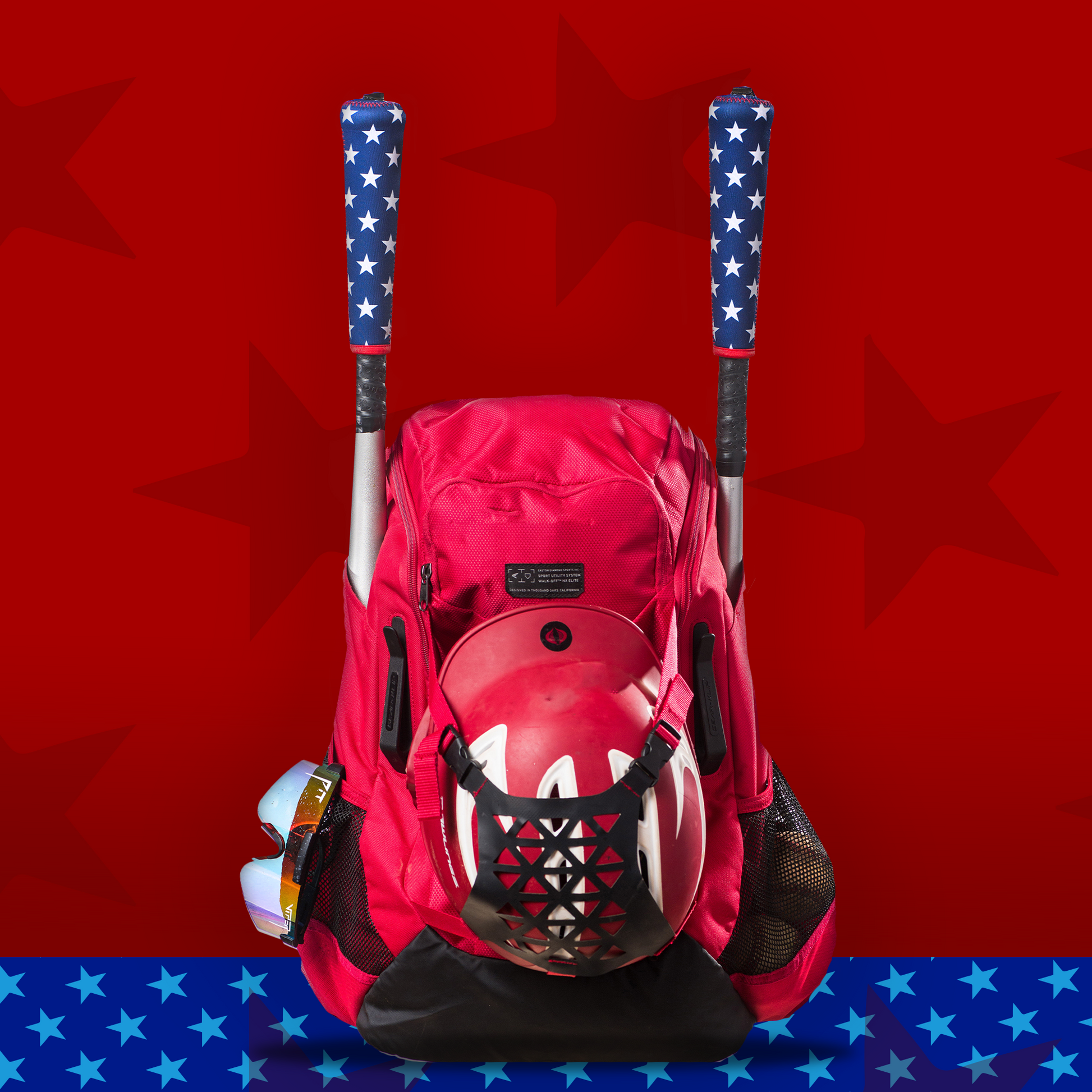 All Stars Ready Bat handle cover on a bat clipped to a baseball backpack