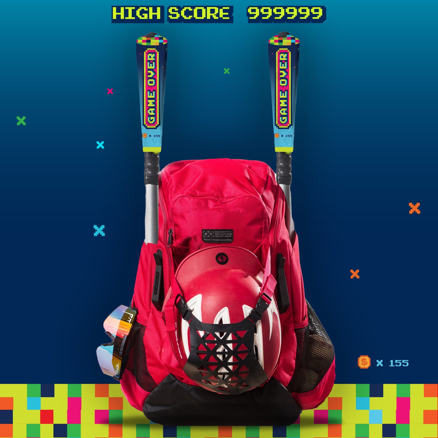 Gamer bat handle cover on a baseball bat in a baseball backpack