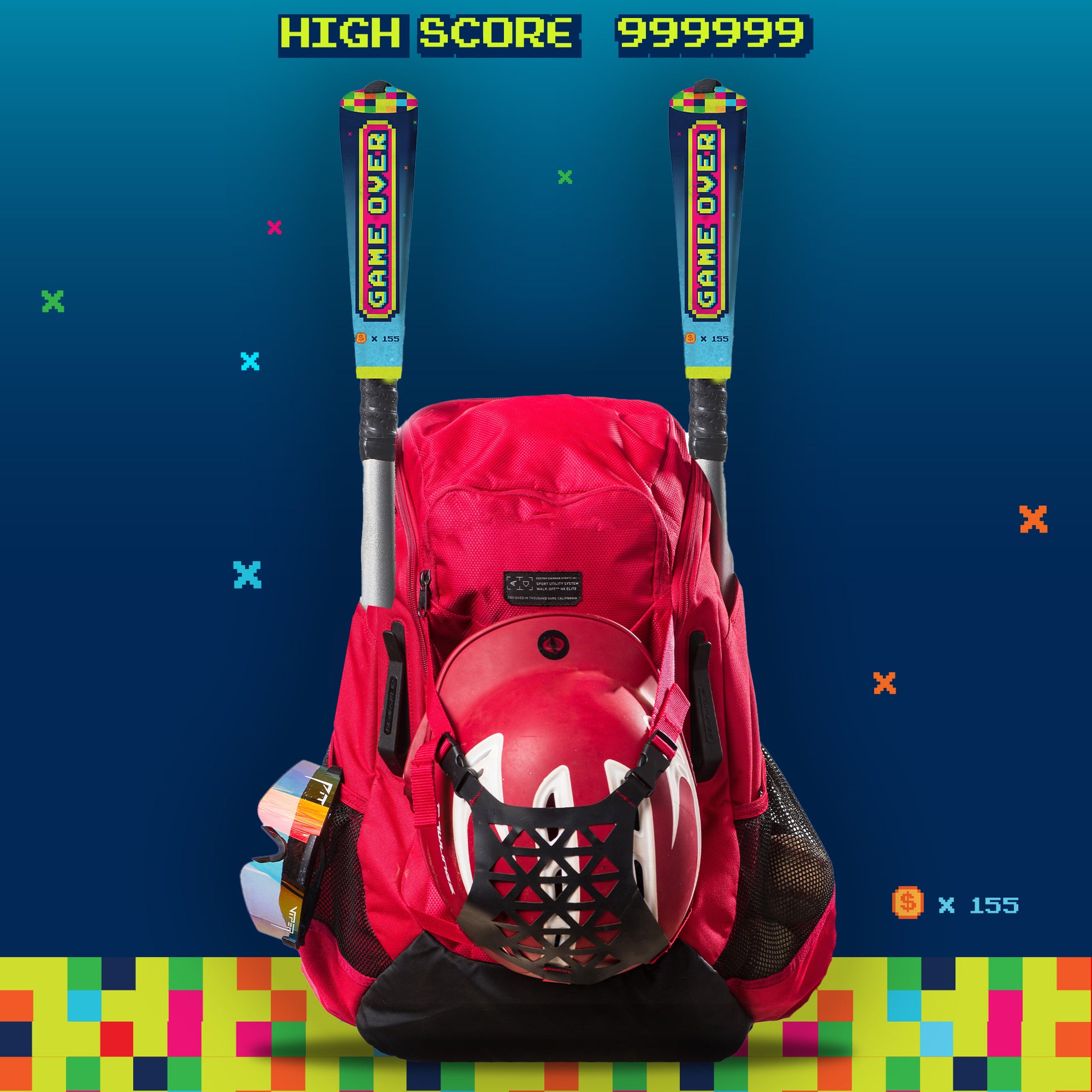 Gamer bat handle cover on a baseball bat in a baseball backpack