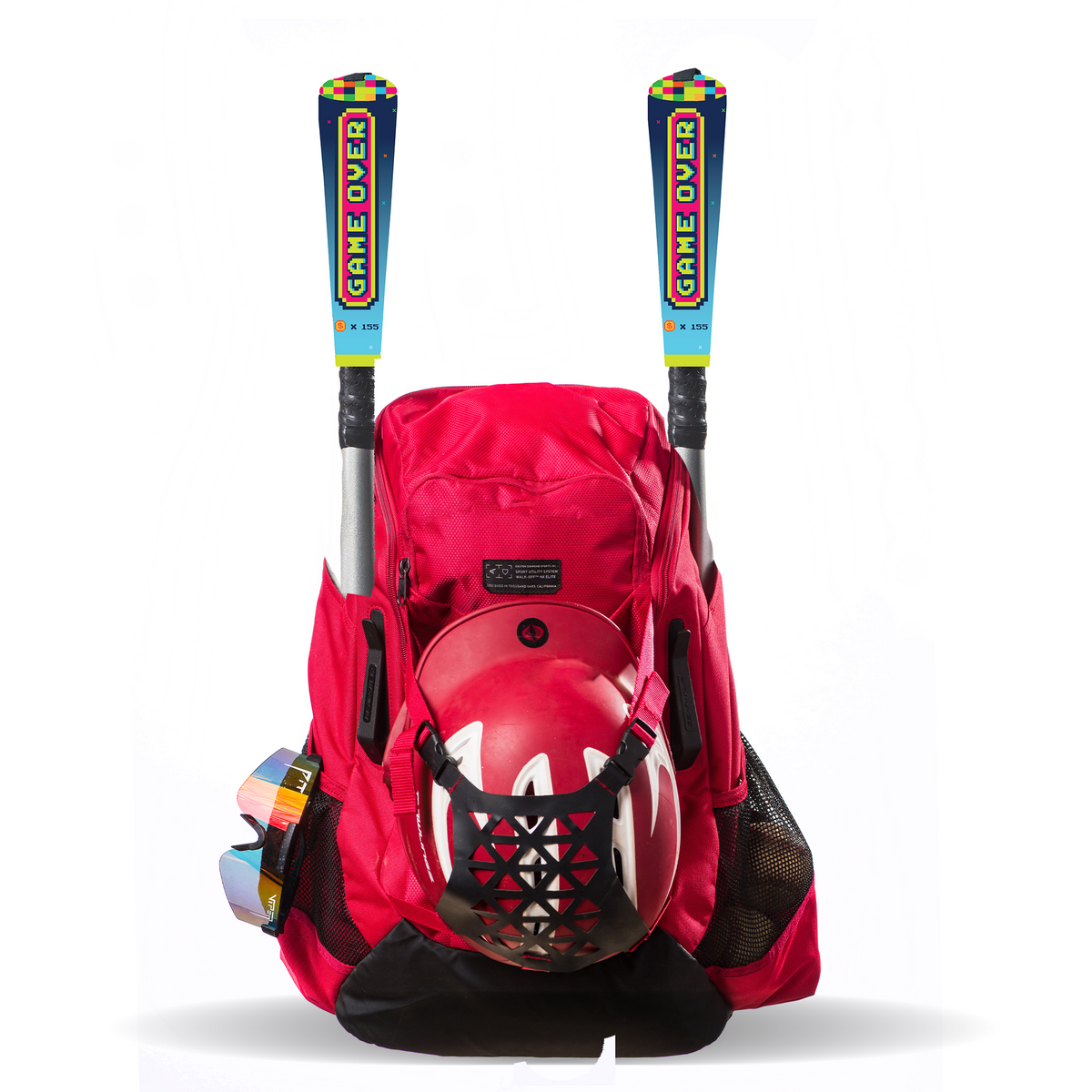 Gamer bat handle cover on a bat in a baseball bag, showing the full game-themed pattern