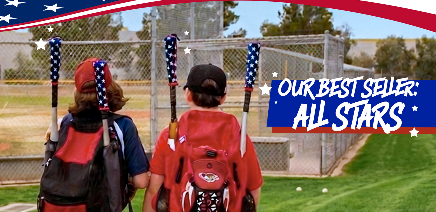 Two children with backpacks and baseball bats in a baseball field, with 'Our Best Seller: All Stars' text overlay.