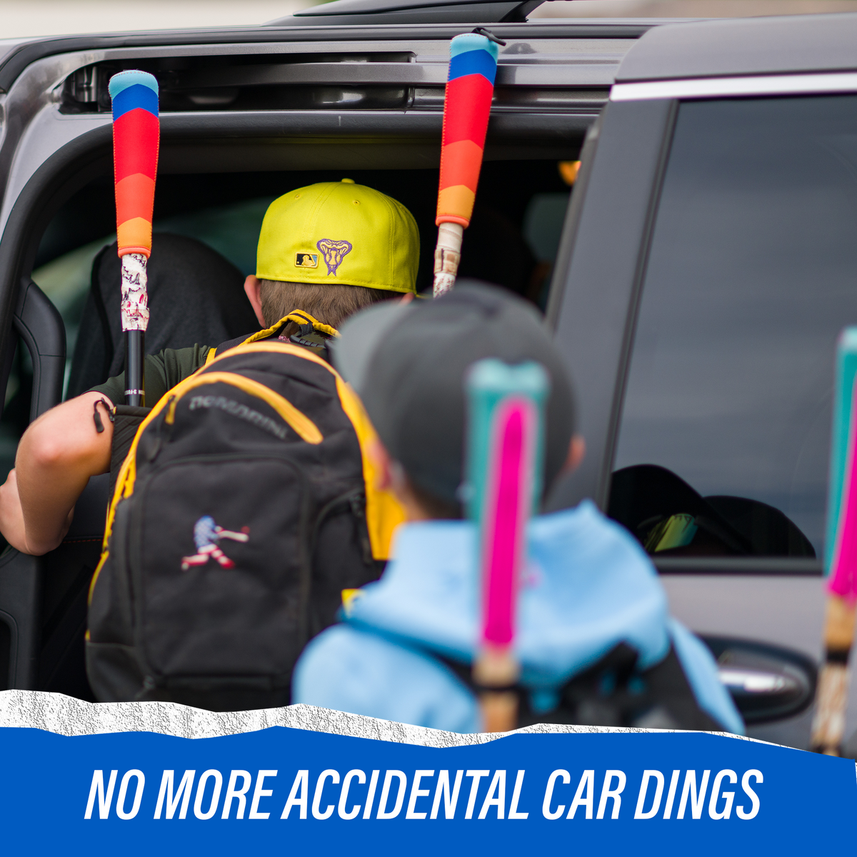 Kids with baseball bats bumping a car door, showing why a bat handle cover is essential