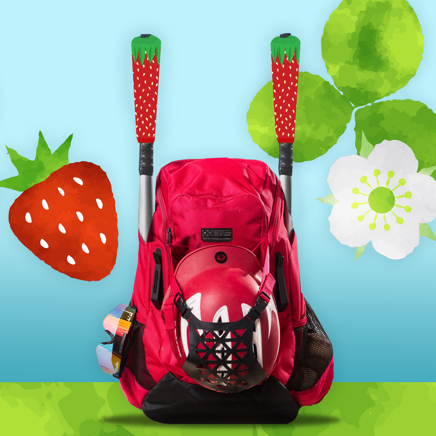 Strawberry Smash bat handle cover with red strawberry pattern design on a softball or baseball bat in a baseball backpack
