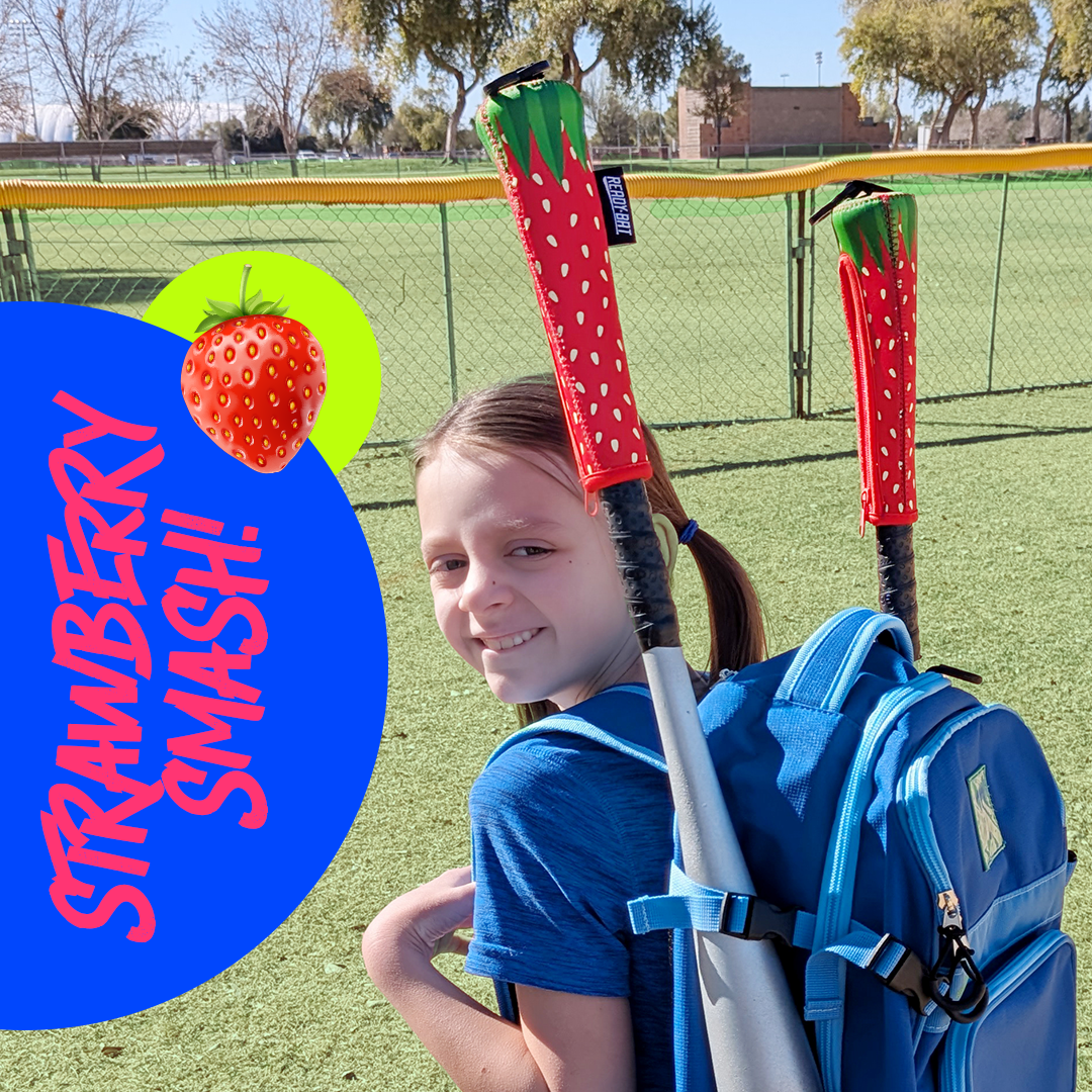 Strawberry Smash Ready Bat bat handle cover on a bat at the ball field